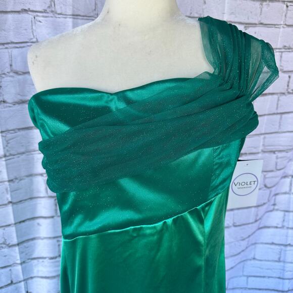 NWT Violet Weekend One Shoulder Satin Cascading Ruffle Gown Jade Size 17/18 - Picture 8 of 15